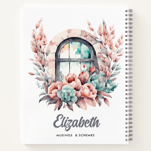 Waterverf Venster met Roze Bloemen en Succulenten Notitieboek (Achterkant)