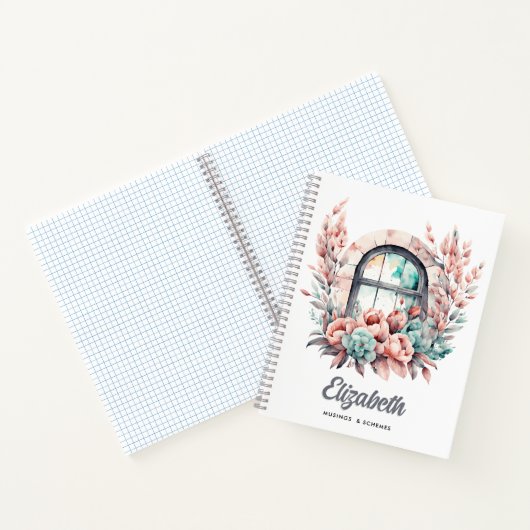 Waterverf Venster met Roze Bloemen en Succulenten Notitieboek (Binnen)