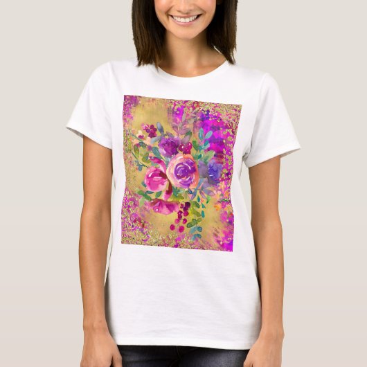 Waterverf ventilator Bouquet op frambozenroze T-shirt (Voorkant)