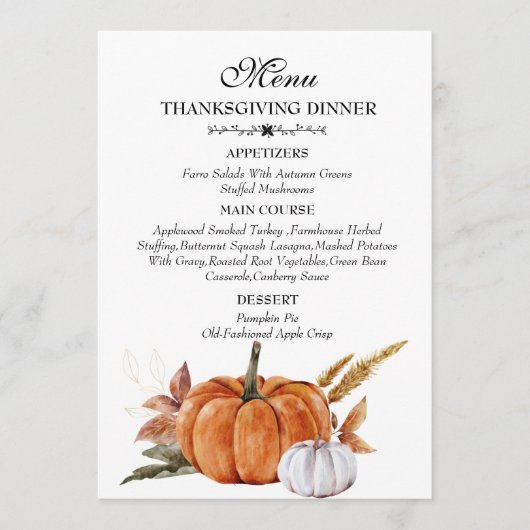 Waterverf verbrand Oranje pompoenThanksgiving Menu (Voorkant)