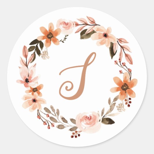 Waterverf Verbrande Sinaasappel Bloemen Monogram S Ronde Sticker (Voorkant)