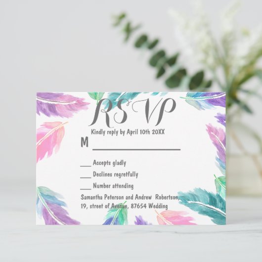 Waterverf veren bruiloft RSVP (Staand voorkant)
