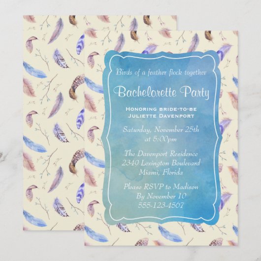 Waterverf veren en bladeren vrijgezellenfeest kaart (Voorkant / Achterkant)