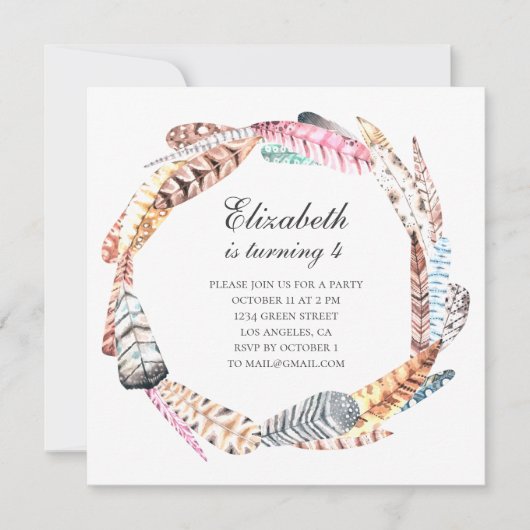 Waterverf veren krans. Boho verjaardagsfeestje Kaart (Voorkant)