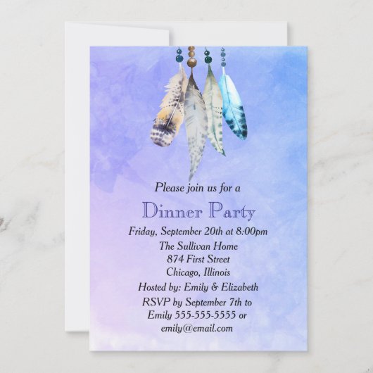 Waterverf veren op blauwachtig Paarse Dinner Party Kaart (Voorkant)