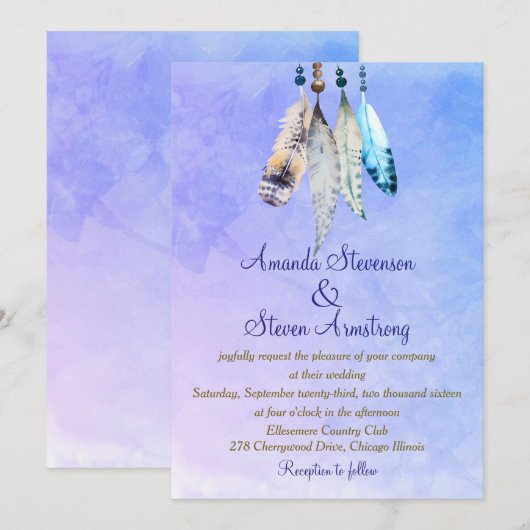 Waterverf veren op een blauwachtige Paarse bruilof Kaart (Voorkant / Achterkant)