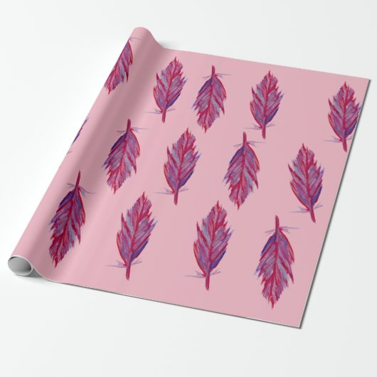 Waterverf veren Rood Roze Inpakpapier (Uitgerold)