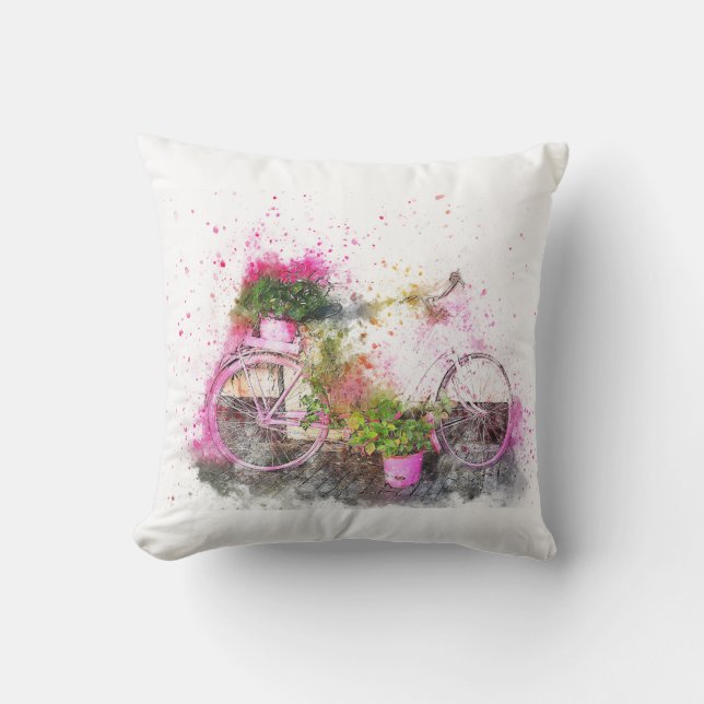 Waterverf verfde fiets in roze kussen (Voorkant)