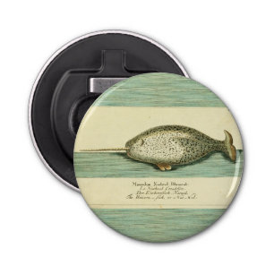 Waterverf verfschilderen van Narwhal Antiek walvis Button Flesopener