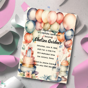 Waterverf Verjaardag Ballonnen Cake Eten Kaart