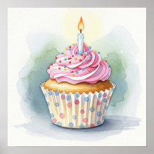 Waterverf Verjaardag Cupcake Print
