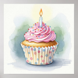 Waterverf Verjaardag Cupcake Print