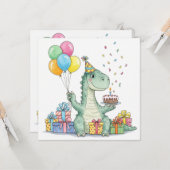 Waterverf Verjaardag Dinosaurus met Partij Pet Kaart (Voorkant / Achterkant in situ)