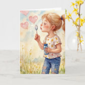 Waterverf Verjaardag Meisje Blowing Heart Bubbles Kaart (Gele Bloem)
