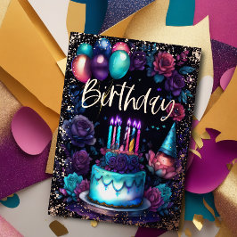 Waterverf Verjaardag Navy Blauw Paarse Turquoise Folie Uitnodiging