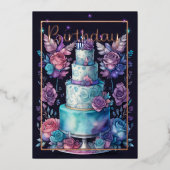 Waterverf Verjaardag Navyblauw Paars Turquoise  Folie Uitnodiging (Voorkant)