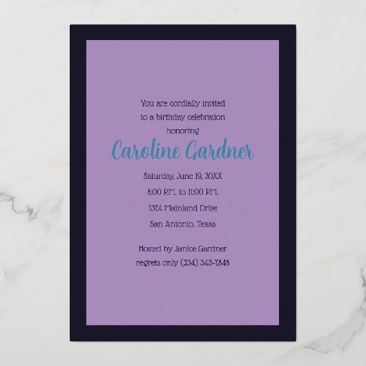 Waterverf Verjaardag Navyblauw Paars Turquoise  Folie Uitnodiging (Achterkant)