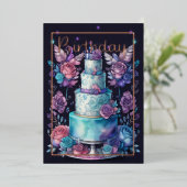 Waterverf Verjaardag Navyblauw Paars Turquoise  Folie Uitnodiging (Staand Voorkant)