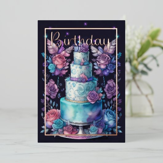 Waterverf Verjaardag Navyblauw Paars Turquoise  Folie Uitnodiging (Staand Voorkant)