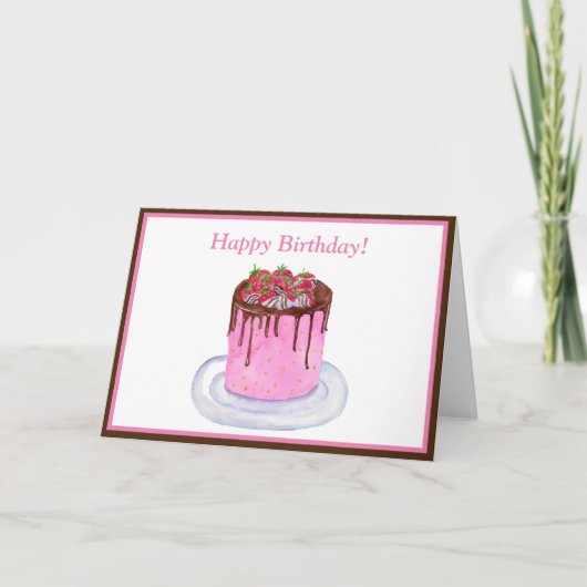 Waterverf Verjaardags Chocolade Aardbeien Cake Kaart (Voorkant)