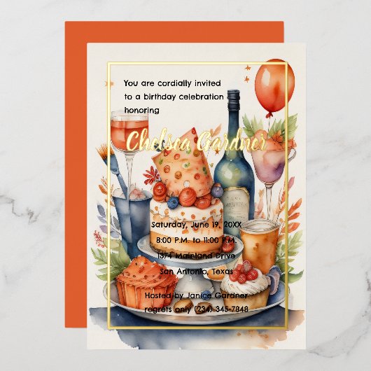 Waterverf Verjaardags Wijntaart Eten Folie Uitnodiging (Voorkant / Achterkant)