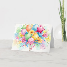 Waterverf Verjaardagsballonnen & Bloemen Kaart