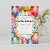 Waterverf Verjaardagsballonnen Bloemen Kleurrijk Folie Uitnodiging (Staand Voorkant)