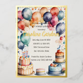 Waterverf Verjaardagsballonnen Cake Kleurrijk Folie Uitnodiging (Voorkant)