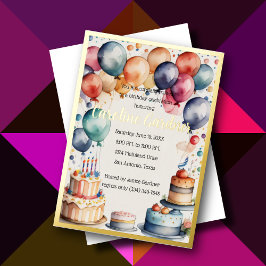 Waterverf Verjaardagsballonnen Cake Kleurrijk Folie Uitnodiging
