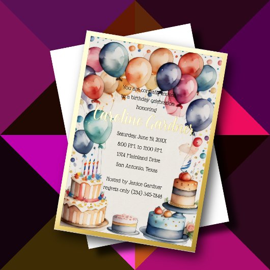 Waterverf Verjaardagsballonnen Cake Kleurrijk Folie Uitnodiging