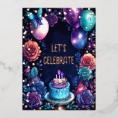 Waterverf Verjaardagsballonnen Cake Navy Blue Paar Folie Uitnodiging (Voorkant)