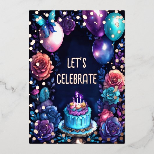 Waterverf Verjaardagsballonnen Cake Navy Blue Paar Folie Uitnodiging (Voorkant)