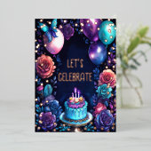 Waterverf Verjaardagsballonnen Cake Navy Blue Paar Folie Uitnodiging (Staand Voorkant)