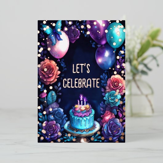 Waterverf Verjaardagsballonnen Cake Navy Blue Paar Folie Uitnodiging (Staand Voorkant)