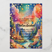 Waterverf Verjaardagsballonnen Fantasy Landscape Folie Uitnodiging (Voorkant)