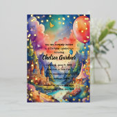 Waterverf Verjaardagsballonnen Fantasy Landscape Folie Uitnodiging (Staand Voorkant)