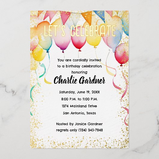 Waterverf Verjaardagsballonnen Kleurrijk Folie Uitnodiging (Voorkant)