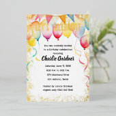 Waterverf Verjaardagsballonnen Kleurrijk Folie Uitnodiging (Staand Voorkant)