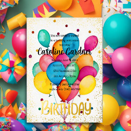 Waterverf Verjaardagsballonnen Kleurrijk Folie Uitnodiging