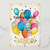 Waterverf Verjaardagsballonnen Kleurrijk Folie Uitnodiging (Voorkant)