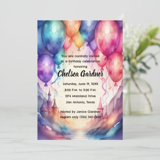 Waterverf Verjaardagsballonnen Kleurrijke Kasteel Kaart (Staand voorkant)