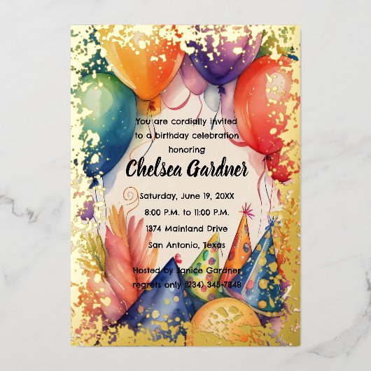 Waterverf Verjaardagsballonnen Kleurrijke Party Pe Folie Uitnodiging (Voorkant)