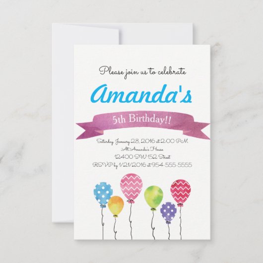 Waterverf Verjaardagsballonnen Uitnodigingen (Voorkant)