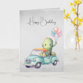 Waterverf verjaardagscacti in retro truck kaart (Gele Bloem)