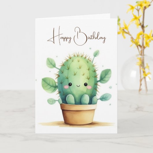 Waterverf verjaardagscactus in pot kaart (Gele Bloem)