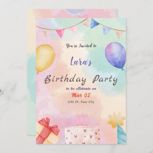 Waterverf Verjaardagsfeestuitnodiging Save The Date (Voorkant / Achterkant)