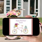 Waterverf verjaardagsfiets met bloemen & taart kaart