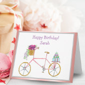 Waterverf verjaardagsfiets met bloemen & taart kaart