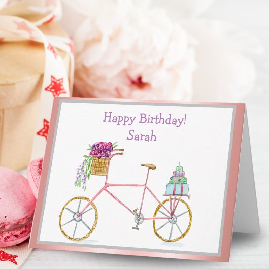 Waterverf verjaardagsfiets met bloemen & taart kaart