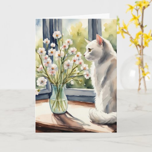 Waterverf Verjaardagskat en Daisies Kaart (Gele Bloem)